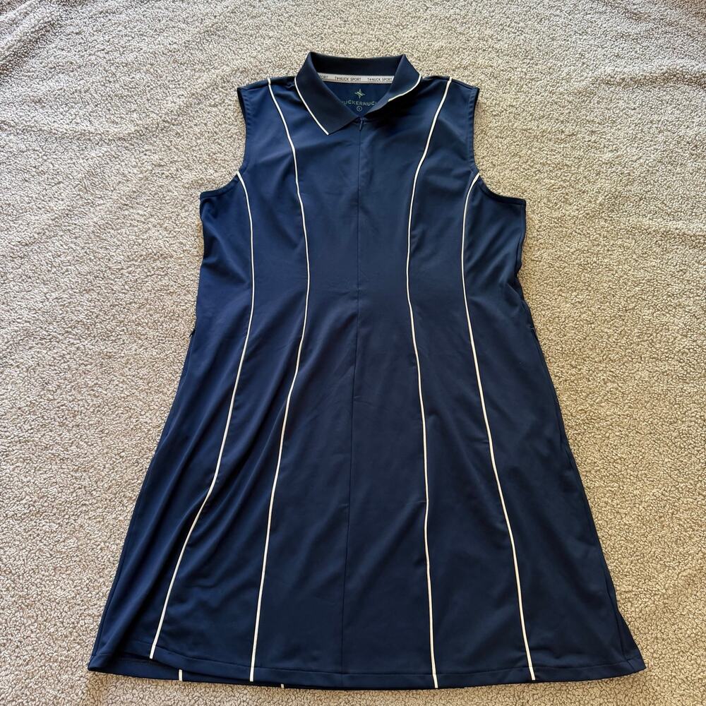 Tuckernuck Sport Roxana Half Zip Golf Tennis Dress Navy White Piping Sz Large